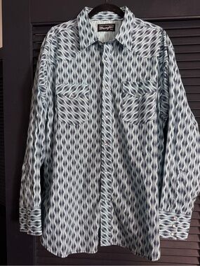 Wrangler XXL Blue Geometric Pearl Snap Western Shirt